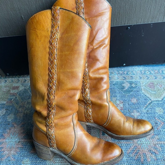 CAPEZIO True Vintage 70’s Yellow Golden Tan Leather Western Boho Tall Boot - Picture 2 of 16